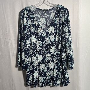 Sami & Jo Plus 3X Floral Top Navy Teal Peplum Stretch Blouse Tunic Career